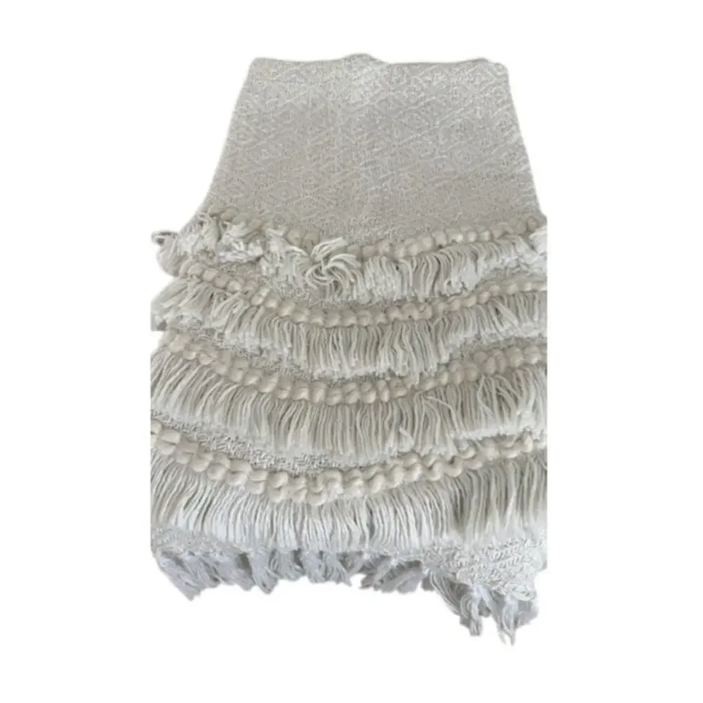 Rachel Zoe Home Throw Blanket Cream Beige Woven Fringe Tassel Boho Textured